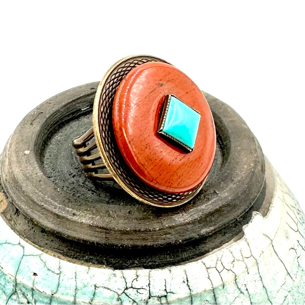 Vintage Jan Michaels S.F. Brass Turquoise Red Stone Ring Adj. Sz 7
